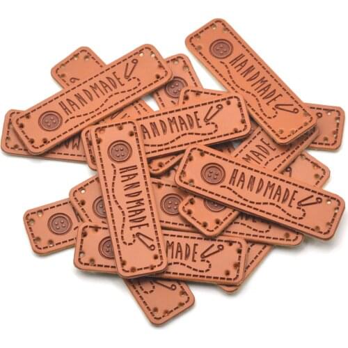 KALASO Wholesale 30pcs Buttons Handmade Labels Clothes Garment PU Leather Labels Hand Made Tags Jeans Bags Shoes Sewing Supplies