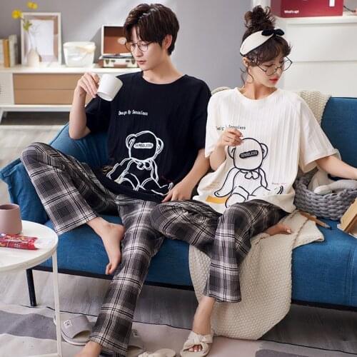 Summer cotton short sleeve trousers thin couple pajamas female cartoon lovely Korean men can wear home suit
