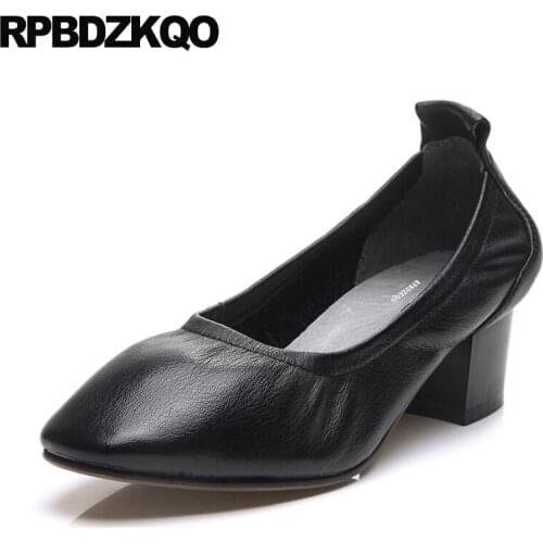 Size 4 34 Famous Thick Brand 2018 Pumps Square Toe Ladies Black Work Shoes Women Leather High Heels Beige Genuine Italian Medium