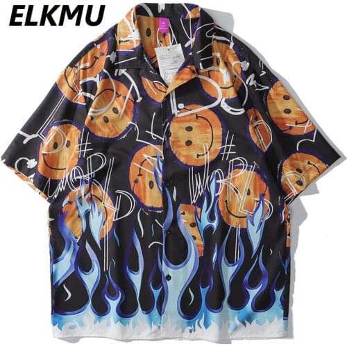ELKMU 2021 Summer Shirt Smile Face Graffiti Print Hip Hop Streetwear Shirt Short Sleeve Blouse Men Fashion Tops Harajuku HE687