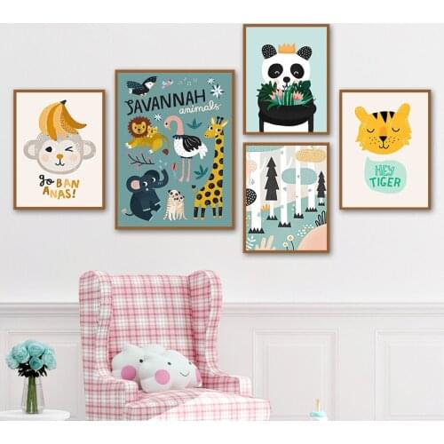 Cartoon Bear Tiger Monkey Giraffe Panda Lemur Wall Art Canvas Painting Nordic Posters And Prints Wall Pictures Kids Room Decor