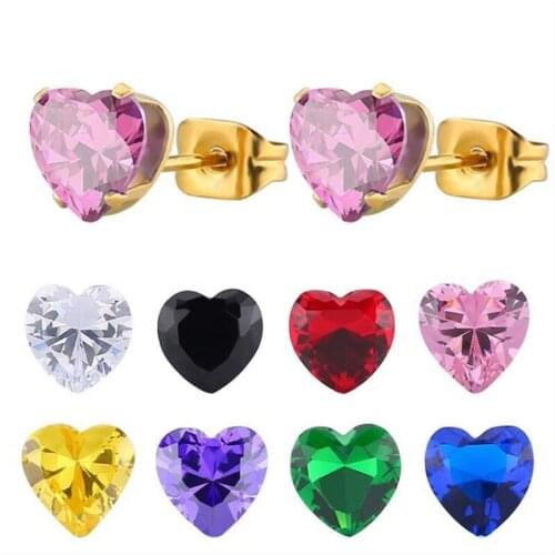 Pe099 316L Stainless Steel size 6mm Heart Shape AAA Colorful Zircon Stud Earrings 3 Colors Vacuum Plating No Fade Allergy Free