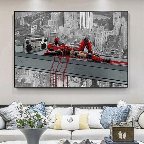 Funny Deadpool listen to the radio Canvas Painting Graffiti Marvel Movie Superhero Posters Prints Wall Art Pictures Room Decor