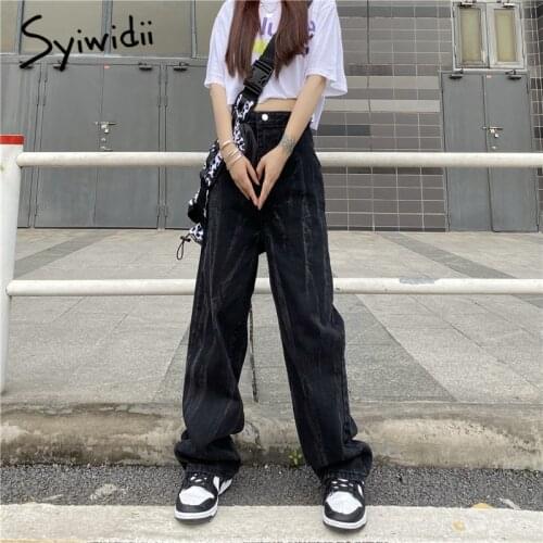 Syiwidii Tie Dye High Waisted Jeans Woman Vintage Streetwear Black Denim Y2k Baggy Wide Leg Pants 2021 Fall Clothing Trousers