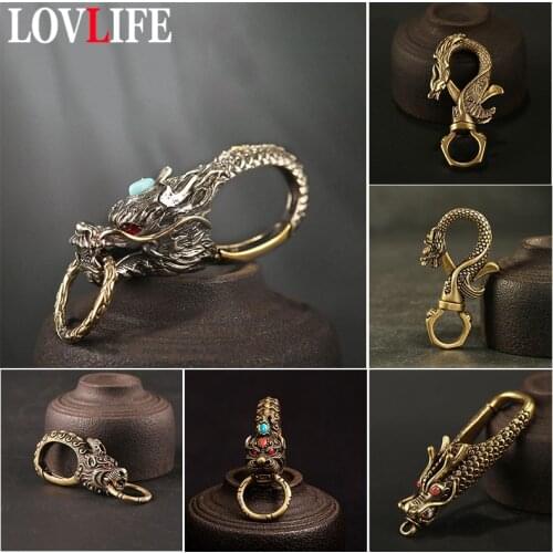 Vintage Brass Keychain Pure Copper Beast Dragon Lucky Key Holder DIY Keyring Accessories Luxury Brand EDC Carabiner Tool Gifts
