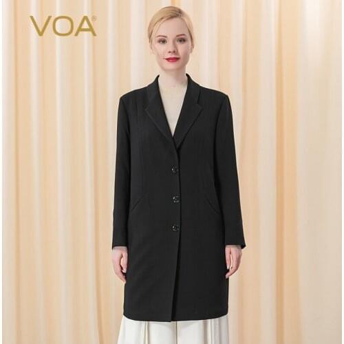 VOA 60m/m silk long air frosted black Lapel single breasted double pocket split straight tube medium length windbreaker FE38