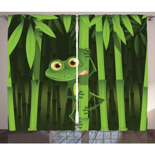 Funny Frog Curtains Cute Animal in the Bamboo Jungle Satin Fabric Drapes for Living Room Bedroom 2 Panel Window Set