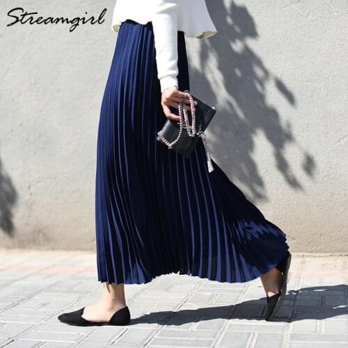 Womens High-Waisted Pleated Skirts Elastic Waist Blue Chiffon Maxi Skirt Pleated Long Office Skirt Summer Skirts For Women 2019