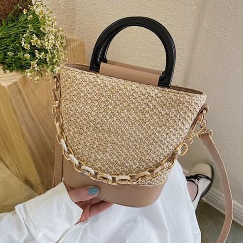 Summer Handmade Beach Straw Bucket Handbags Chain Design Weave Shoulder Bags for Women 2021 Casual Travel Vacation Crossbody Bag
