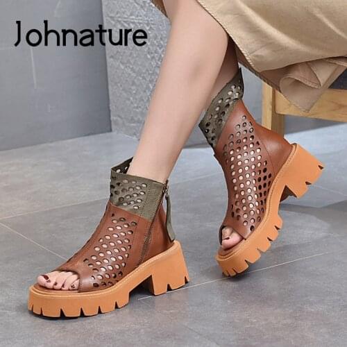 Johnature Shoes Women Sandals Genuine Leather Summer 2021 New Mixed Colors Retro Zip Hollow Handmade Leisure Platform Sandals