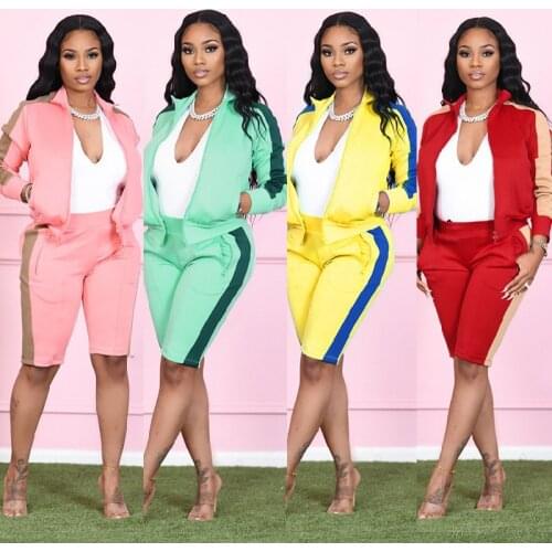 Women Set Patchwork Zipoper Full Sleeve Tops Knee Length Pants Two 2 Piece Sets Casual Tracksuit Summer Outfit Fashion