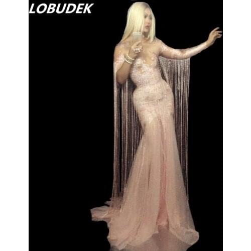 Pink crystals one-piece wedding prom long dress Female formal costumes nightclub sexy performance singer party show star