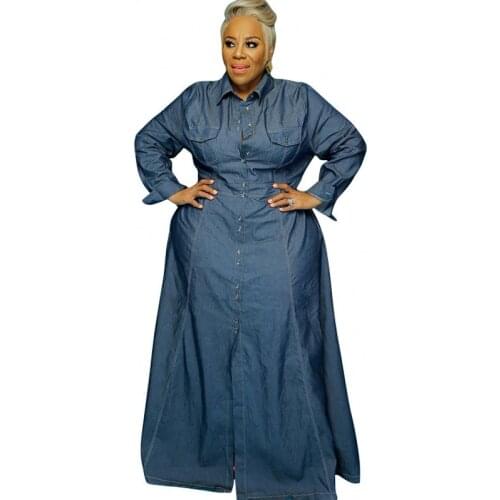 4XL 5XL Plus Size Denim Maxi Dresses Women Long Sleeve Blue A Line Dress 2021 New Fashion Streetwear Vestidos Big Size 3XL