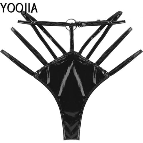 Womens Lingerie Underwear Patent Leather Wet Look G-string Thong Adjustable Waist High Cut Solid Strappy Bikini Briefs Underwear