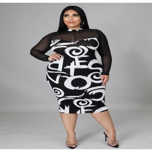 L-4XL fall clothes for women plus size dresses Fashion sexy mesh printing long sleeve patchwork dress Wholesale Dropshipping
