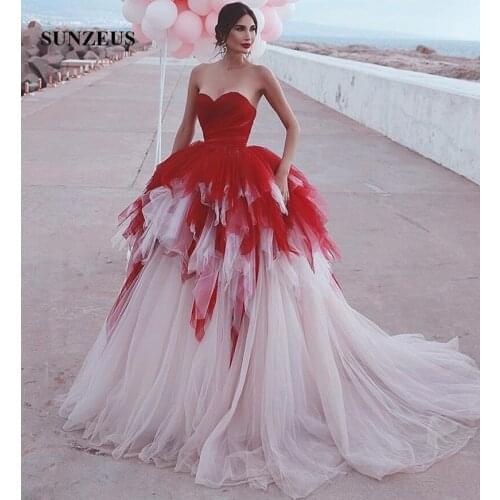 A-line Sweetheart Wedding Dresses With Red Tulle Long Bridal Dress 2019 Arabic Women Robe Mariage