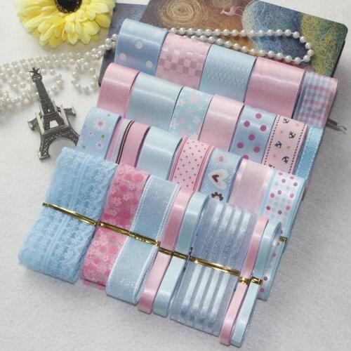 31 Yards/Set---DIY Hair Bow Material Pink & Light Blue Color Mix Ribbon Set