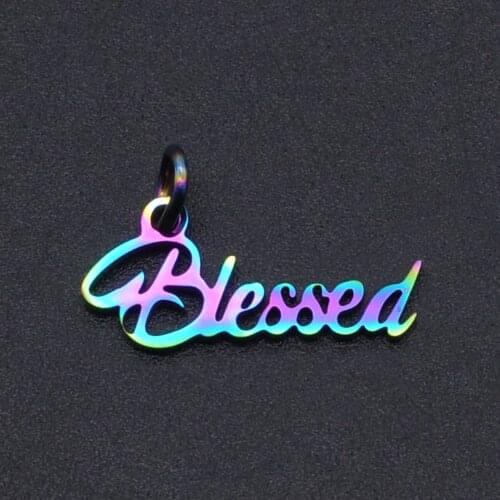 5pcs/lot 100% Stainless Steel Blessed Word Script Charm Pendant Wholesale DIY Bracelet Making Charms Never Tarnish