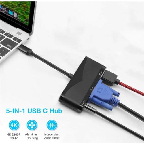 5 in 1 Type-C to HDMI-compatible VGA with 3.5 Audio AdapterUSB 3.0 USB-C Charging Hub for MacBook Xiaomi 9 Samsung S9 Huawei P30