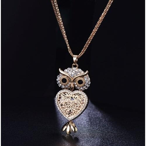 Clear Crystal Owl Necklaces Pendant Hollow Owl Heart Pendants Women Long Multi Chain Statement Necklace Jewellery Party Gift