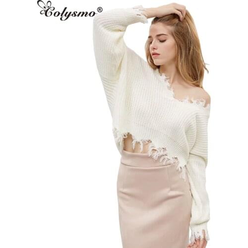 Colysmo Cozy Tassel Sweater Women Jumper V Neck Slouchy Oversized Sweater Tops Ripped Sweater Women Knitted Pullover Sweaters