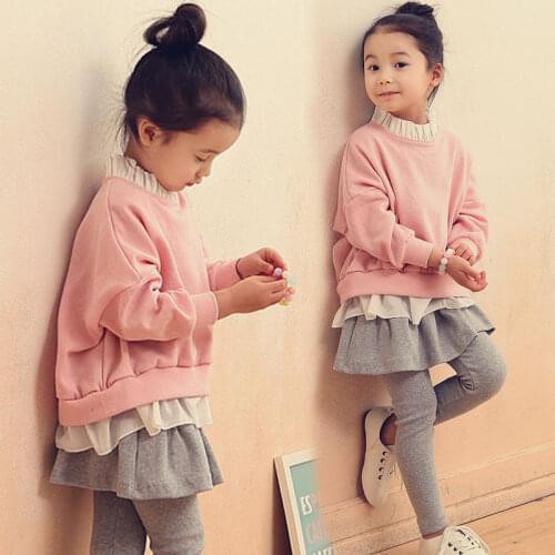 2018 Spring Fall Childrens Clothing Set Korean Girls Fashion Ruffles Spliced Sweatshirt + Culottes 2 Pcs Kids Sports Suit B32