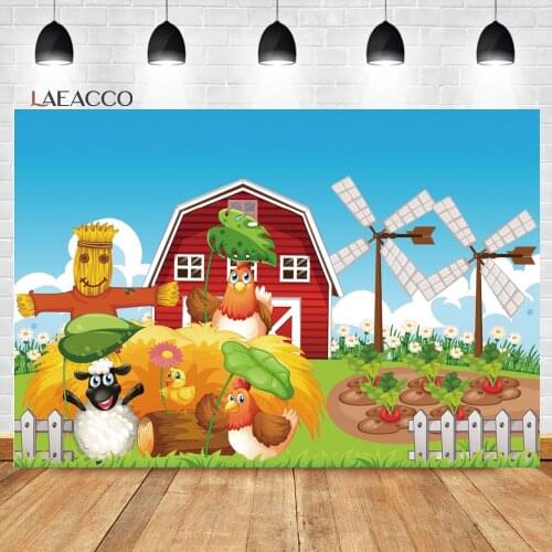 Laeacco Cartoon Farm Photocall Background Scarecrow Goat Rooster Windmill Baby Birthday Portrait Customized Photography Backdrop