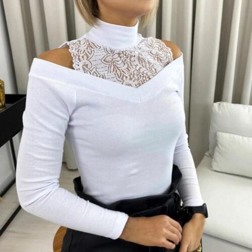 Trendy Women Pullover Top Lace Patchwork Off Shoulder Long Sleeve Shirt for Daily Wear