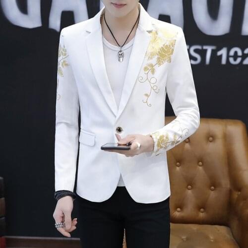 2019 Fashion Single Button New Casual Mens White Black Men Blazers Long Sleeves Printing Banquet Suits Blazer