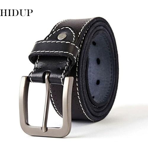 HIDUP Mens Top Quality 100% Solid Cowskin Men Striped Line Cow Genuine Leather Belt Cowhide Alloy Pin Buckle Metal Belts NWJ296
