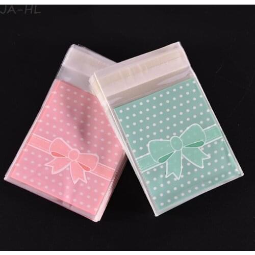 100Pcs Gift Sealing Plastic Lovely Pink Blue Bow Adhesive Cake gift Packages Cookie Candy Pack Christmas Paper bags Wholesale