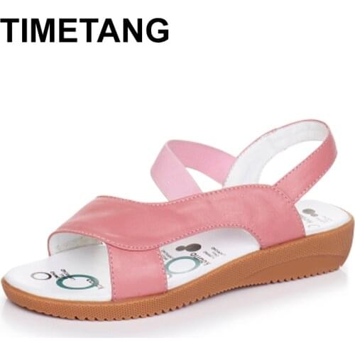 TIMETANG Genuine Leather Sandals Women Flat Heel Sandals Fashion Summer Shoes Woman Sandals Summer Plus Size 34-43