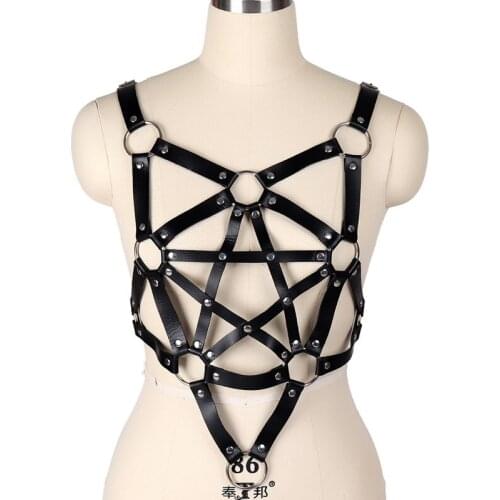 Sexy Neutral Fashion Leather Five-Pointed Star Body Harness Leather Whip Adjustable Bra Shoulder Strap Women Crop Tops Lingerie