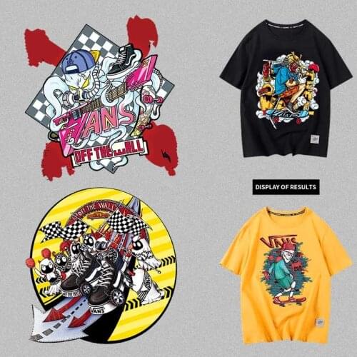 Punk style skull skateboard Hip hop street art heat transfer printed on clothes Cool personality DIY T-shirt sticker for young