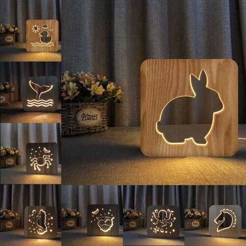 Acecorner LED USB Night Light Wooden Duck Crab Horse Head Animal Lamp Novelty Kid Bedroom 3D Decoration Table Lights Child Gift