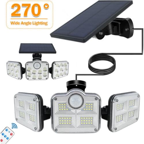Motion Sensor Solar Lights Outdoor 3 Head 270 Angle Lighting Wall Light with 3 Modes Remote Control Light for Garage Garden