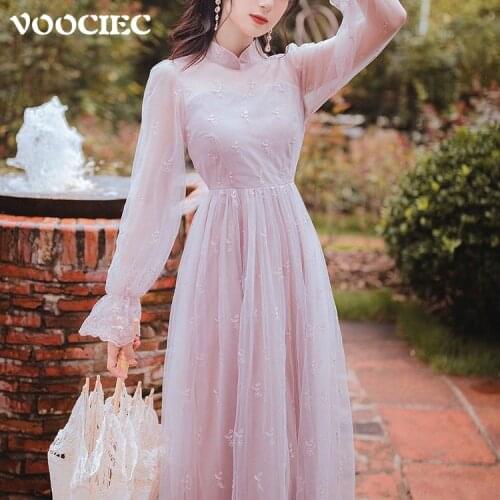 VOOCIEC Spring/Autumn Womens Retro Embroidered Dress Mori Girl Sweet Puff Sleeve Palace Style Dress Mesh Fashion French Dress