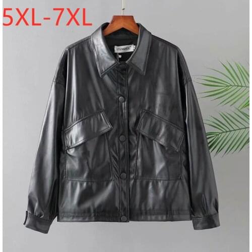 New 2021 Ladies Autumn Winter Plus Size Jacket For Women Large Long Sleeve Loose Pocket Black PU Leather Short Coat 5XL 6XL 7XL