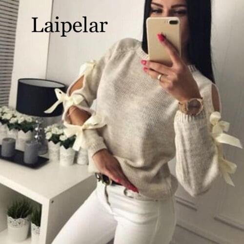 2020 New Women Bow Hollow Out Long Sleeve Warm Sweater Pullover Knitting Bow Loose O-Neck Tops Blouse Knitwear