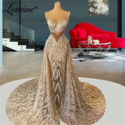 Pearls Long Dubai Prom Dresses 2021 Plus Size Mermaid Couture Celebrity Party Dress Arabic Lace Champagne Evening Gowns Vestidos