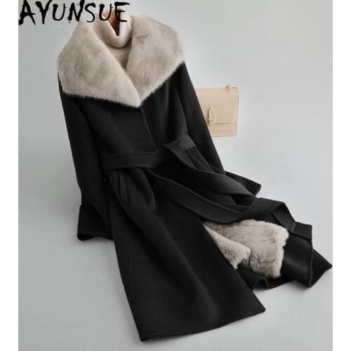 AYUNSUE 2020 Real Fur Coat Female Rabbit Fur Liner 100% Wool Coat Winter Jacket Women Mink Fur Collar Warm Woolen Coats MY4388