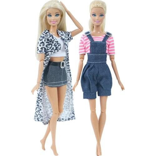 Fashion Two Pcs/Set Mix Style Outfit Leopard Denim Skirt Daily Casual Wear Clothes for Barbie Doll Accessories DIY House Toy