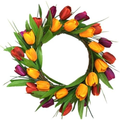 38cm Simulated Three-colour Tulip Wreath Home Party Decoration Hanging Decor Door Ornament Festive Supplies Photo Prop