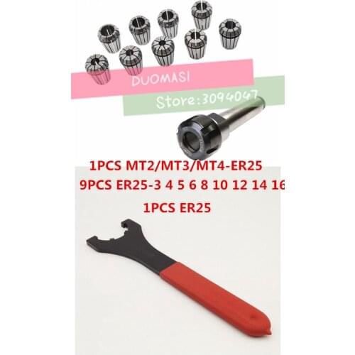 9pcs ER25 Spring Collets +1PCS ER25UM Wrench + 1PCS MT3 M12 ER25 Collet Chuck Morse Taper Holder For CNC Milling Lathe Tool