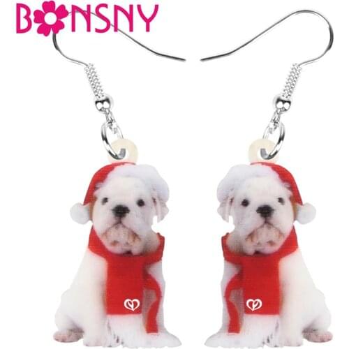 Bonsny Acrylic Christmas Scarf Bulldog Dog Earrings Drop Dangle Animal Pets Jewelry For Women Girls Teens Party Decoration Gift