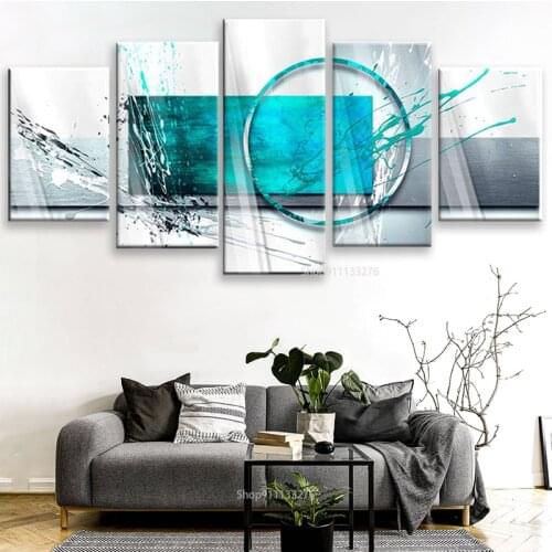 Turquoise Expression Abstract Wall Artwork 5 Panels Teal Canvas HD Painting Home Decoration Gifts Nordic Style Framework Modern