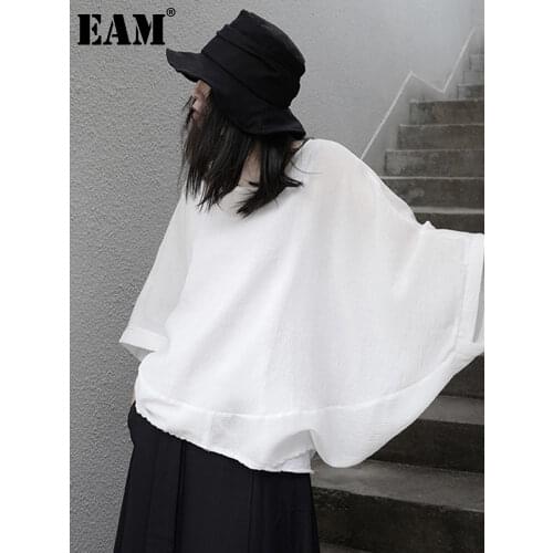 [EAM] Women White Brief Big Size T-shirt New Round Neck Three-quarter Batwing Sleeve Fashion Tide Spring Summer 2021 1X656