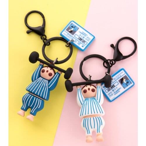 Kawaii Weightlifting Keychain Girl Boy Couple Airpod Pendant Silver Color Key Ring Bag Car Lanyard Cute Jewelry Accessory Gift
