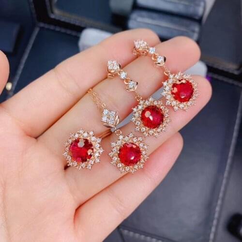 KJJEAXCMY fine Jewelry 925 sterling silver inlaid natural red topaz luxury pendant ring earring set support test Chinese style
