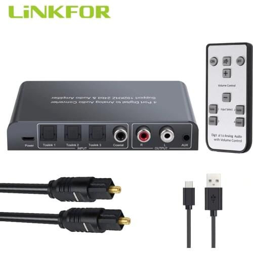 LiNKFOR 3 Optical SPDIF Toslink 1 Coaxial Digital to Analog Audio Converter with IR Remote Toslink Switch With Volume Control